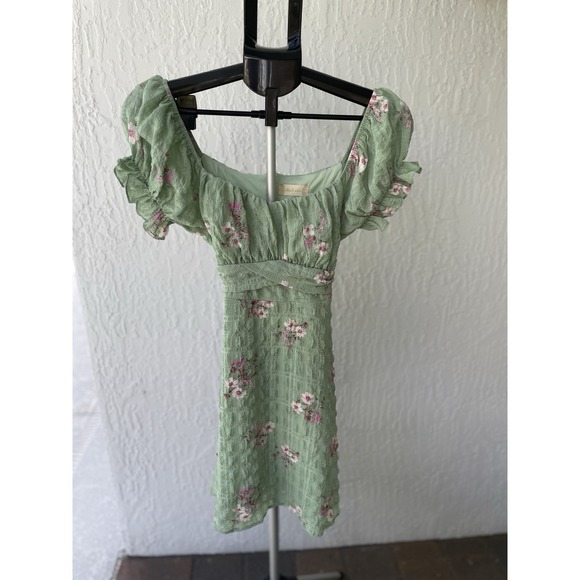 Altar'd State Dresses & Skirts - Altar'd‎ State Sage Green Floral Seersucker Ruffle Mini Dress Large Tie Back L